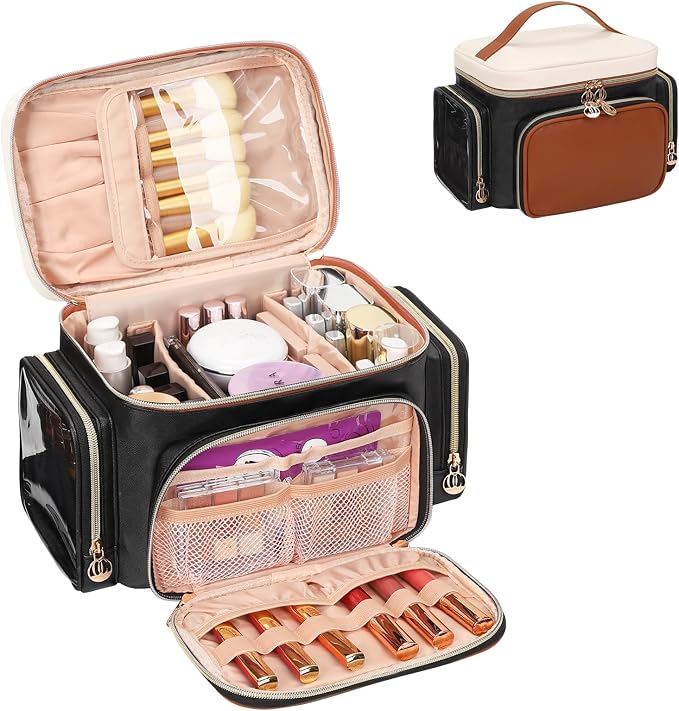Bagmoly Large Makeup Bag, Portable Travel Makeup Bag Organizer for Women Girls with Makeup Brush Compartment & Two Side Pockets, Cosmetic Travel Bag Vertical Storage Toiletry Bag- Brown - Image 8