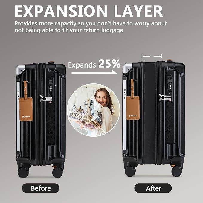Joyway 3 Piece Set Hardside Expandable Luggage with USB Charging Port and Cup Holder, TSA Lock Spinner Wheels Suitcase for International Travel, Lightweight Carry On Checked Baggage, Black - Image 2