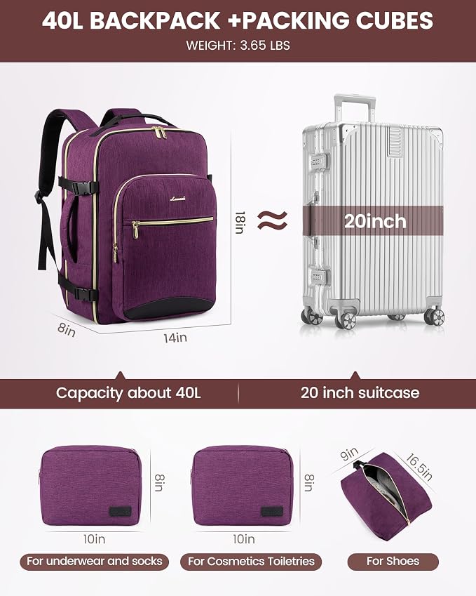LOVEVOOK 40L Travel Backpack Flight Approved Carry on Backpack,3 Packing Cubes,Waterproof Personal Item Travel Bag,TSA Carry on Luggage Suitcase Travel Essentials,Gifts for Women & Men,fits 17" Laptop - Image 5