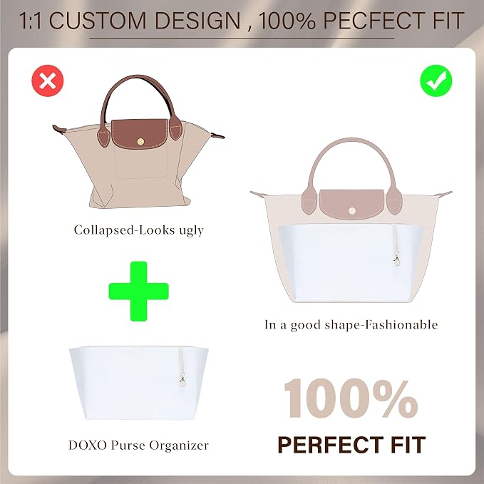 Doxo Purse Organizer Insert for Longchamp Le Pliage Large, 6-Compartment Bag Organizer with YKK Zipper Pocket, Cup Holder, Key Chain, Waterproof DupontPaper Lightweight Handbag Shaper (White Beige,L) - Image 3