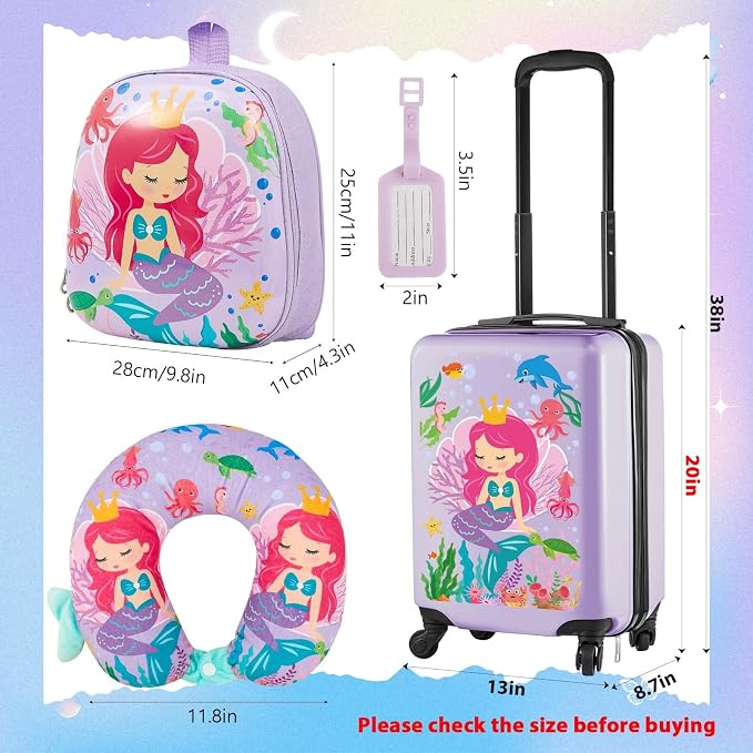 Sanwuta 4 Pcs Kids Luggage Set Back to School Gifts for Girls Boys Carry On Rolling Suitcase Backpack Neck Pillow Travel Set(20 Inch,Mermaid Style,Purple) - Image 2