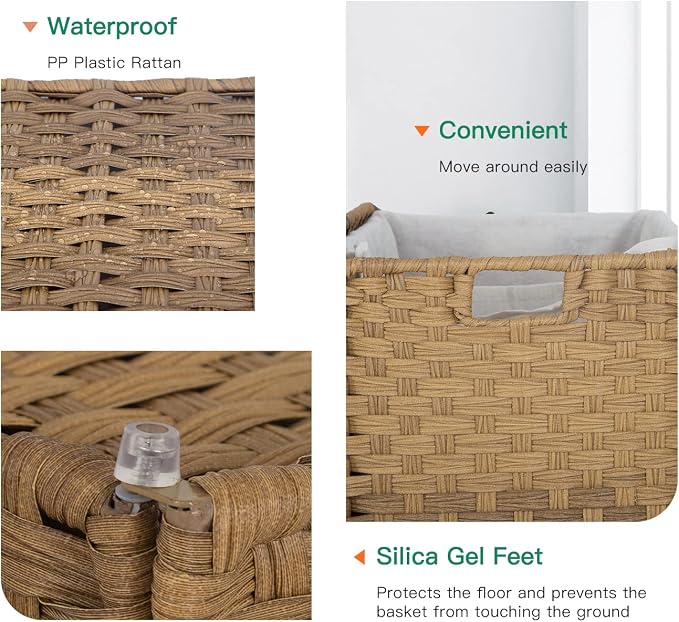 Paylesshere Laundry Basket Handwoven Laundry Hamper 90L/110L Foldable Rattan Laundry Hamper With Lid,2 Removable Liner Bags & 6 Bags,Clothes Bathroom Basket,Natural - Image 5