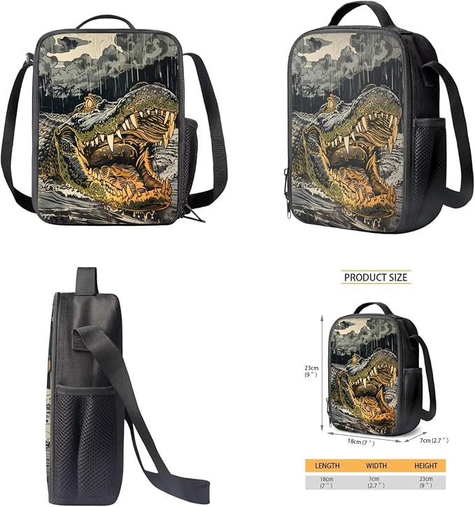 17 Inch Animal Print School Backpack And Lunch Box Set for Kids Lightweight Angry Alligator Backpack for Boys Girls Sturdy School Bag with Insulated Lunchbox Pencil Case Student Bookbag - Image 5
