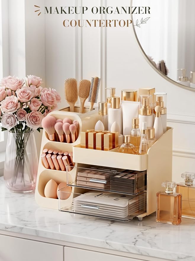 Large Makeup Organizer Countertop Skincare Organizers, Spacious Cosmetic Display Case for Vanity Organizers Storage, Waterproof Make Up Organizer for Bathroom, Birthday Gifts for Women, Cream - Image 4