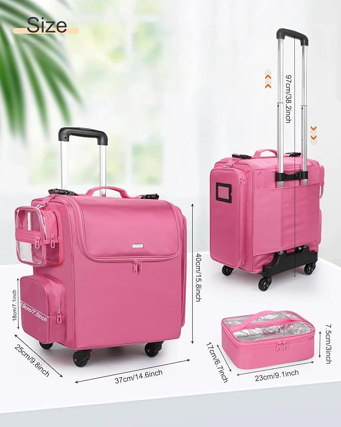 Relavel Rolling Makeup Train Case, Hairstylist Traveling Bag with 4 Wheels, Heat Insulation Full Layer, Adjustable Dividers, Hair Tools and Cosmetics Storage Organizer Trolley Suitcase, Rose Pink - Image 6