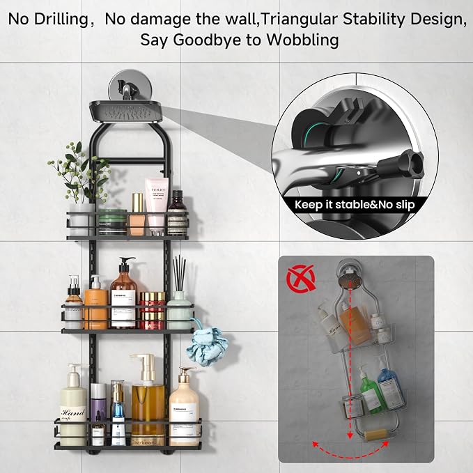 3 Tier Hanging Shower Head Caddy, Adjustable Hanging Shower Caddy Over Showerhead, Standing Shower Caddy No Drilling Handing Racks Rustproof for Bathroom Shampoo Soap Storage - Image 4