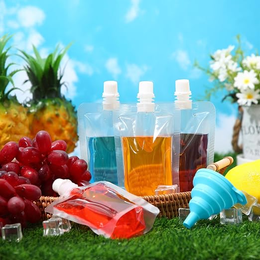 Patelai 150 Pieces Plastic Liquid Pouch Reusable Juice Pouches Travel Water Leak Proof Bags Bulk with Collapsible Silicone Funnel for Travel Outdoor (3 oz) - Image 3