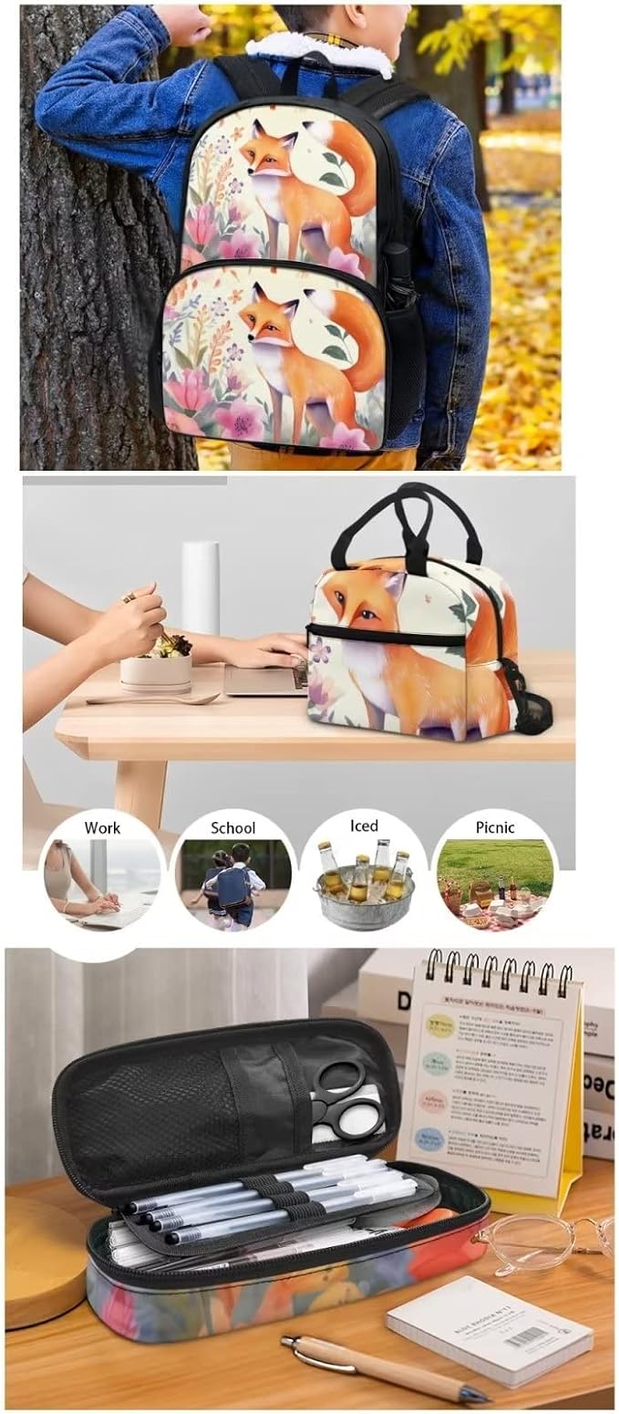 Cartoon Illustration Style Floral Fox Backpack with Lunch Box and Pencil Case Girls Comfy Padded Cute School Backpack Set of 3 Bookbag for Student Lightweight Large Capacity Daypack - Image 5