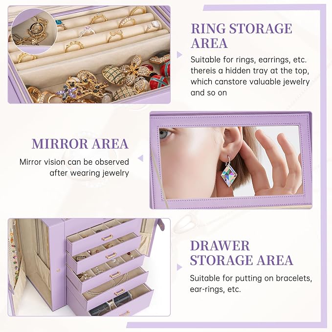 AKOZLIN 6-Tier Jewelry Box Organizer Functional 5 Drawers Leather Jewelry Storage Case for Women Girls Ring Necklace Earring Bracelet Holder Organizer with Mirror Extra Large Violet - Image 5