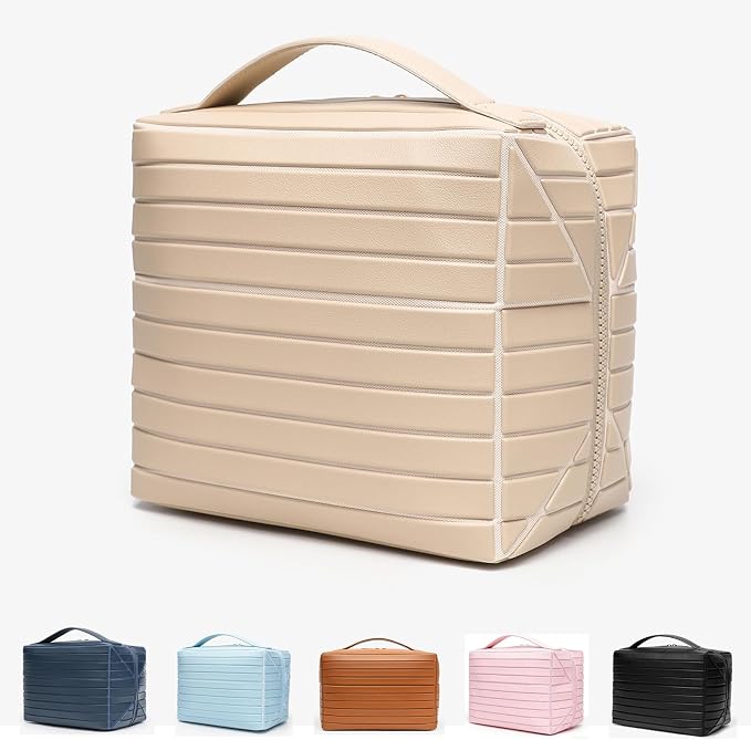 Makeup Bag Fold-Down – Waterproof PVC Travel Makeup Organizer Bag, Fold Down & Stand-Up Design, Large Capacity, Holds Brushes, Cosmetics & Toiletries for Travel, Gym, Home (Khaki) by Unknown