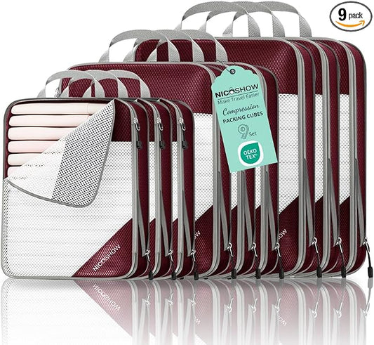 9 Set Compression Packing Cubes for Travel - Compressible, Lightweight, and Space-Saving Packing Cubes, Travel Essentials for Women, Wine by NICOSHOW