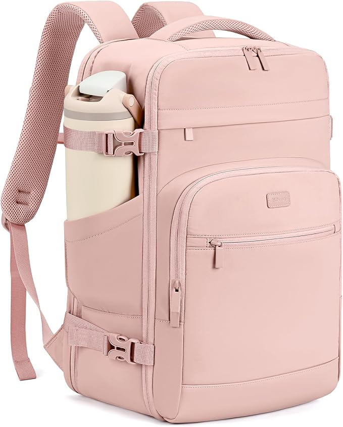 mibasies 40L Travel Backpack for Women & Men: Flight Approved Carry On Backpack, TSA Personal Item Bag with Water Bottle Pocket, Weekender Essentials Backpacks fits 17" Laptop - Pink by mibasies