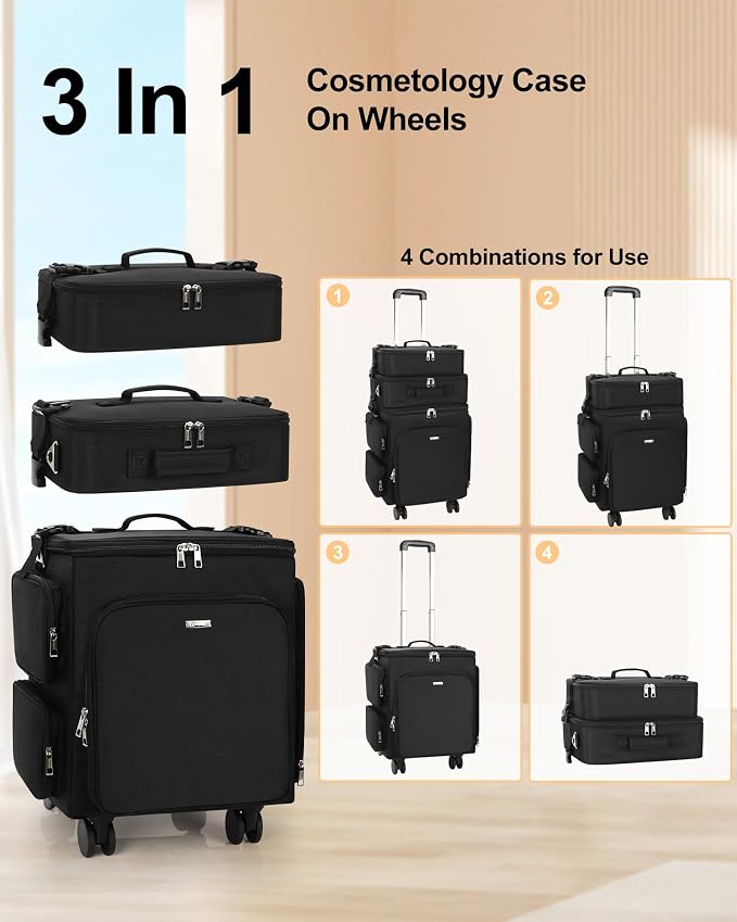 Relavel Rolling Makeup Case, 3 in 1 Hairstylist Traveling Bag Cosmetology Case on Wheels Large Hair Tools Cosmetics Train Case Makeup Artist Storage Organizer Trolley Suitcase with 360° Swivel Wheels - Image 2