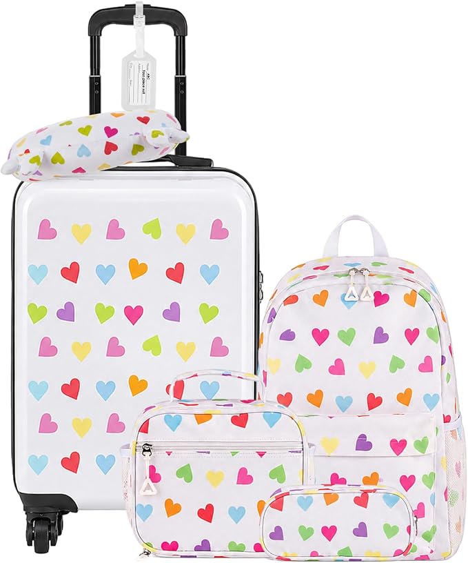 Redbaker 6 Pcs Kids Luggage Set, 17 Inch Rolling Suitcase with Backpack Lunch Bag Neck Pillow, White Love Travel Set for Summer Vacation Sleepover Back to School Gift by Redbaker