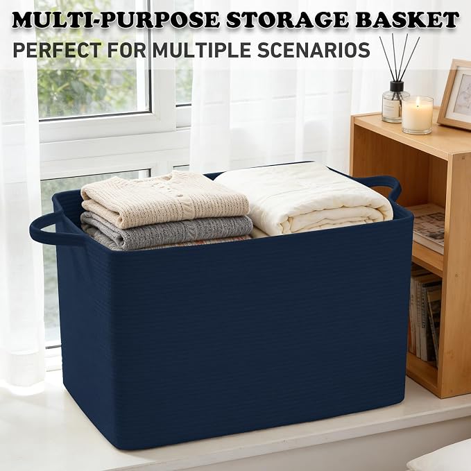 65L Collapsible Woven Rope Laundry Basket with Handles,Navy | 21x16x12 Foldable Rectangular Blanket Basket for Toys, Clothes & Pillows,Ideal for Nursery, Bathroom, Bedroom, Living Room - Image 6