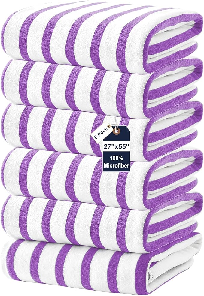 JML Microfiber Beach Towels, 6 Pack, 27" x 55", Large Bath Towel Set for Adult- Cabana Stripe - Absorbent, Quick Drying Lint-Free, No Fading for Summer Party, Pool, Sport, Yoga, Swimming, Purple by JML