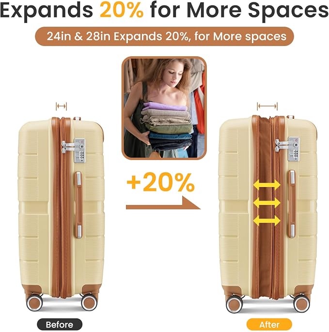 Merax Luggage Set 4 Piece Suitcase with Case Expandable Spinner Wheels Hardshell Airplane Approved Luggage Sets,Apricot Cream,14/20/24/28 - Image 3