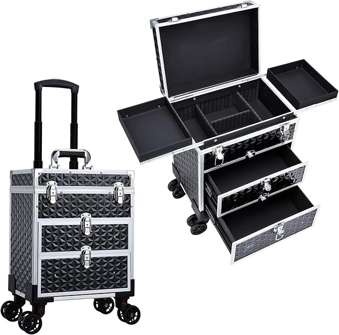 FRENESSA Professional Rolling Makeup Case Aluminum Trolley Train Case with 360° Swivel Wheels for Makuep Artist Travel Cosmetic Organizer with Sliding Drawers for Nail Tech Hairstylist Barber, Black by Frenessa