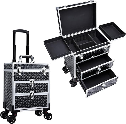 FRENESSA Professional Rolling Makeup Case Aluminum Trolley Train Case with 360° Swivel Wheels for Makuep Artist Travel Cosmetic Organizer with Sliding Drawers for Nail Tech Hairstylist Barber, Black by Frenessa