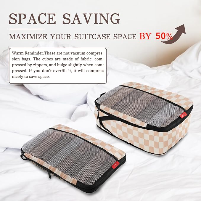 U+U 6 Set Compression Packing Cubes - Ultralight Travel Organizers with Laundry Bag, Space-Saving Suitcase Organizer for Travel, Business Trip and Family Vacation (Khaki Checkered) - Image 3