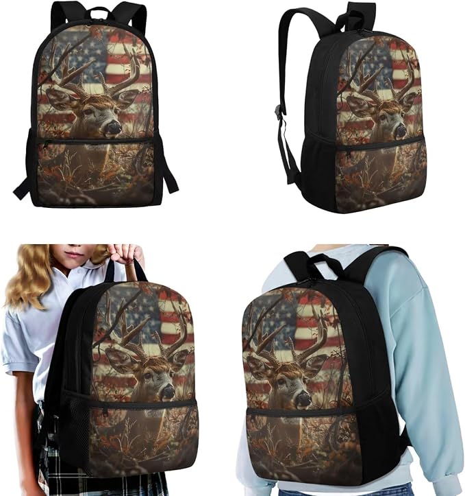 American Flag Deer School Backpack for Teens Girls with Lunch Box Hunting Elementary Student Bookbag for Kids 10-12/12-14/8-10 Lunch Bag Middle Schoolbag Lunchbox Pencil Case Book Bag Set - Image 2