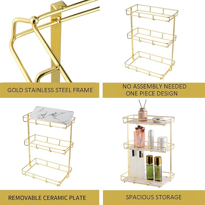 Bathroom Organizer Countertop Perfume Organizer Makeup Organizer Cosmetics Storage Display Rack Vanity Tray Dresser Stainless Steel Gold Shelf White Marble Ceramic Tray - Image 4