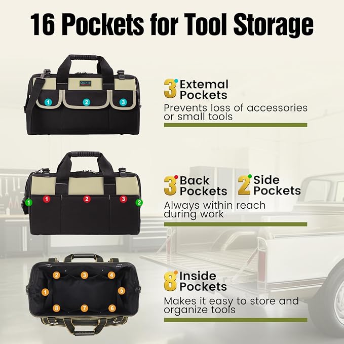 Tool Bag, Ounic 18 Inch Large Tool Tote Bag Heavy Duty With Waterproof Molded Base, Wide Mouth Tool Box Organizer with Adjustable Shoulder Strap for Electrician Mechanic Craftsman Plumbers(Coffee) - Image 3