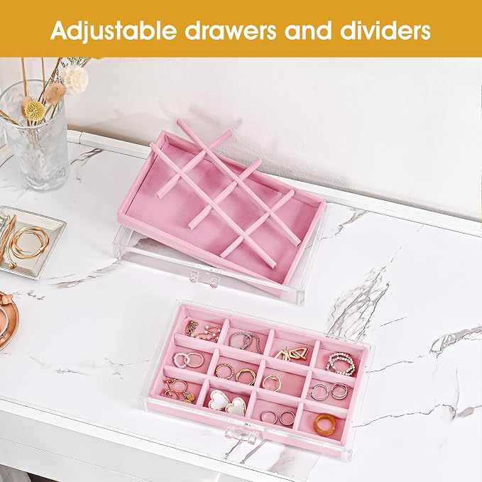 ProCase Earring Holder Organizer Jewelry Box with 3 Drawers, Acrylic Clear Earring Case with Adjustable Velvet Trays for Women - Pink, 3 Layers - Image 2
