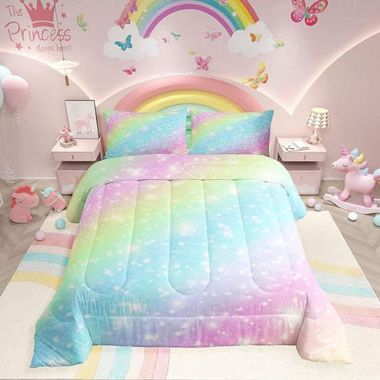 Erosebridal Rainbow Bedding Set for Kids Girls Teens Women Tie Dye Pastel Comforter Set Twin Size Golden Stars Glitter Bedding Comforter Set Watercolor Art Girly Quilt Set Sweet Bedroom Decor 2 Piece by Erosebridal