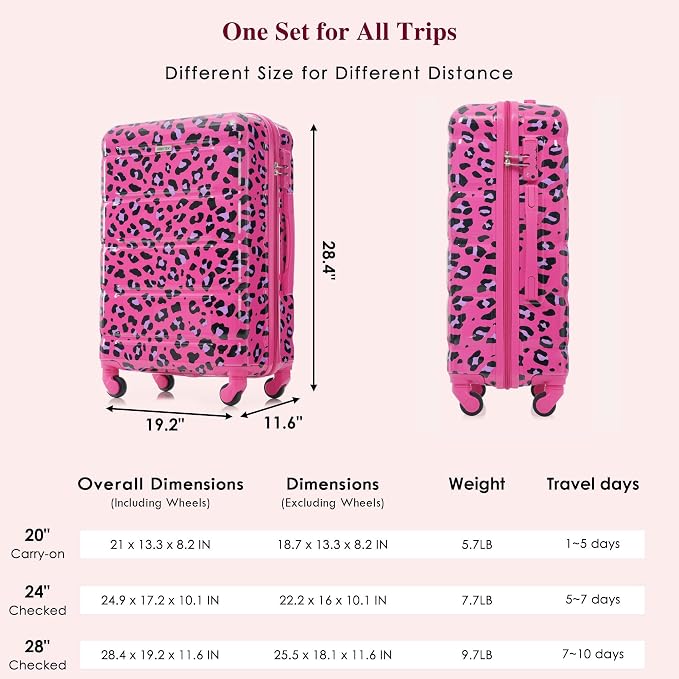 Hardside Luggage Sets, Lightweight Stripes Suitcase with Spinner Wheels, Fuchsia Leopard Print - Image 5