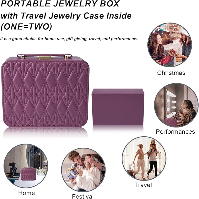 Travel Jewelry Case Large Jewelry Box Jewelry Travel Organizer Jewelry Case with Handle Removable Tray Best Gift for Women Girls (Wine) - Image 4