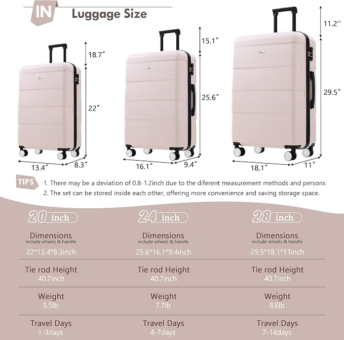 Merax Luggage Sets of 3 Piece Carry on Suitcase Airline Approved, | Hardcase Suitcase Set with Double Spinner Wheels,20+24+28 inch - Image 2