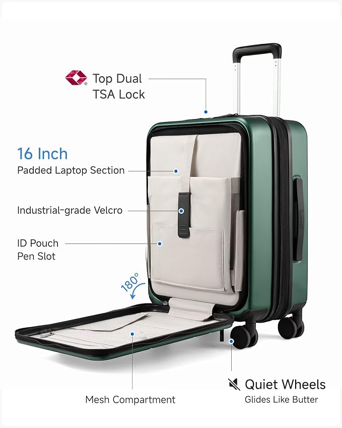 LUGGEX Carry On Luggage 22x14x9 Airline Approved, Expandable Polycarbonate Suitcase with Front Pocket (FX-Core, Green, 20 Inch) - Image 2