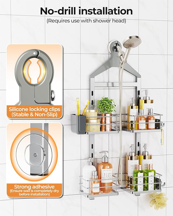 ODesign 2 Tier Shower Caddy for Handheld Shower Heads Anti-Swing Silver | No drilling required,comes with removable hook and storage box,suitable for handheld and wall-mounted showerheads - Image 8