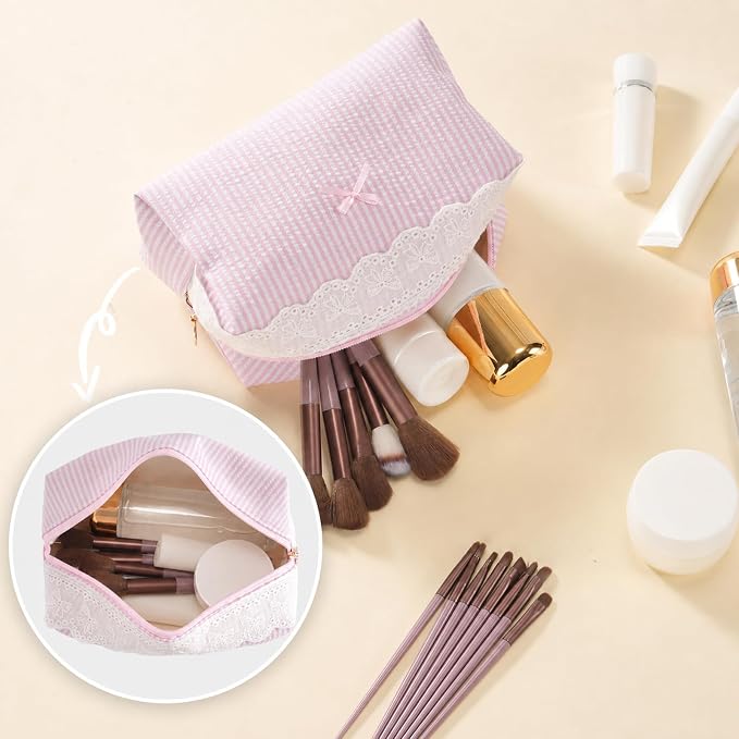 Makeup Bag Travel Toiletry Bag for Women, Small Cosmetic Bags with Lace Trim Cute Pink Stripe Aesthetic Organizer Makeup Pouch for Purse Emergency Bag Pencil Case Accessory Bag - Image 5