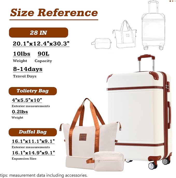 Merax Luggage Set,28 IN Hardside Suitcase with Duffel Bags,3 Piece Expandable Luggage with Spinner Wheels, Vintage Luggage with TSA Lock Lightweight,(White) - Image 2