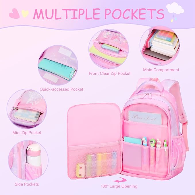 ACESAK Kids School Backpack for Girls, Rainbow Bookbag Backpack with 14OZ Water Bottle, Lunch Bag Set for GirlsTeens Middle Student, Girls Backpacks for School (Pink) - Image 3