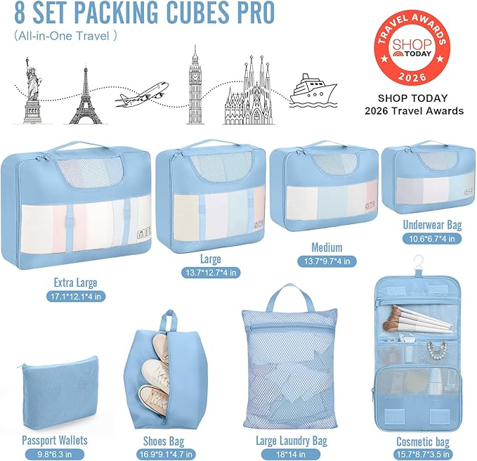 Veken 8 Set Packing Cubes for Travel Essentials,Anti-Wrinkle Buckled Suitcase Organizer for Shoe & Toiletry Bag,Carry On Luggage Bag with 99+ Count Mesh Holes for Airplane & College Dorm Accessories - Image 2