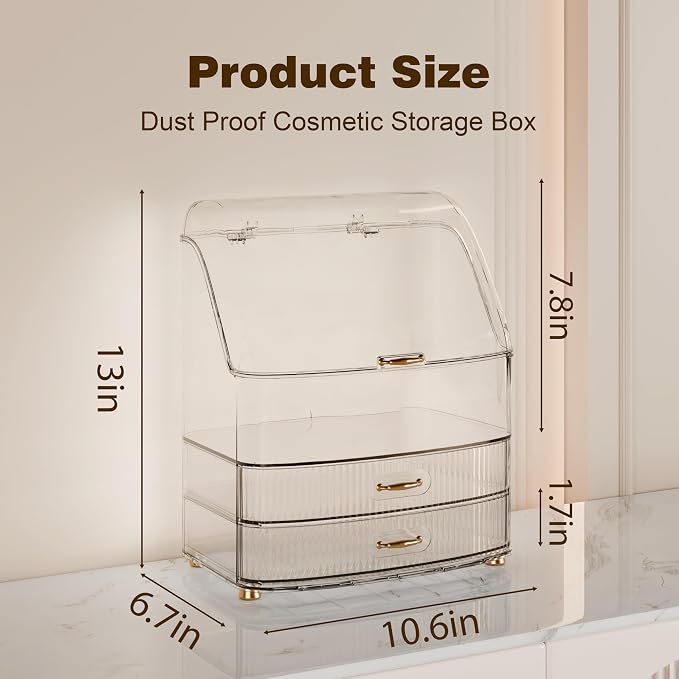 Makeup Organizer Countertop Vanity with Transparent Lid Drawers Waterproof Dustproof Cosmetic Skincare Bathroom Storage Gift for Women Teens Girls (Clear Whtie) - Image 5