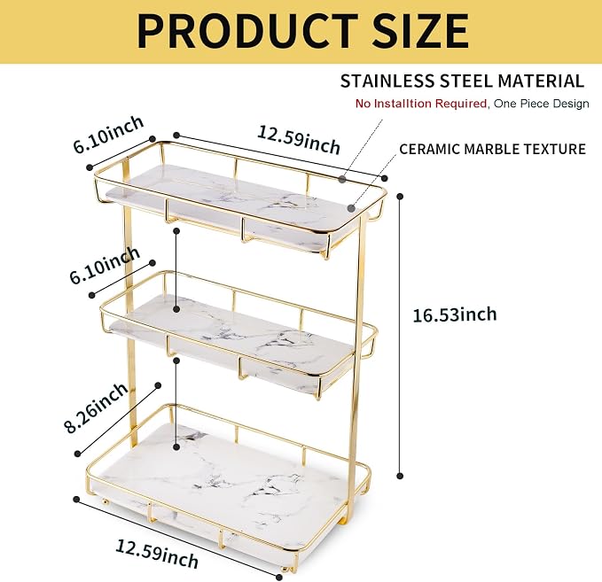 Bathroom Organizer Countertop Perfume Organizer Makeup Organizer Cosmetics Storage Display Rack Vanity Tray Dresser Stainless Steel Gold Shelf White Marble Ceramic Tray - Image 5