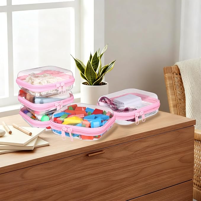 Sanwuta 6 Pcs Clear Hard Zipper Case Plastic Zipper Pouches Transparent Makeup Bag Pencil Case Pouches Toiletry Diaper Bag for Travel Toy Storage Organizer Bins(Pink,5 x 5 x 2 Inch) - Image 7