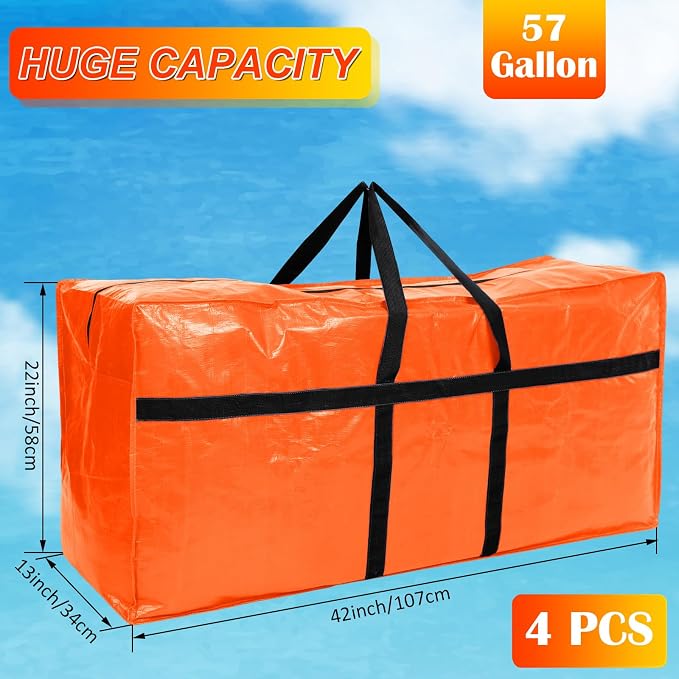 Windyun 4 Pack 57 Gallon Extra Large Moving Bags XXL Heavy Duty Storage Bag with Strong Zipper Handle Jumbo Big Tote Box Foldable for College Dorm Travel Clothes Duffle Blanket Pillow(Orange) - Image 2