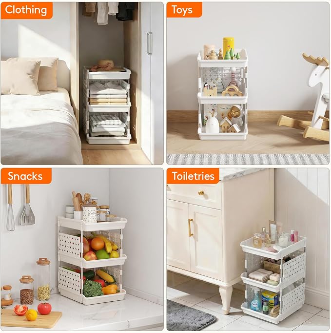 Lifewit Plastic Stackable Storage Baskets, 3 Tier Stacking Bins for Food and Clothes, Multifunctional Organizer for RV, Kitchen, Playroom, Pantry, White, 35 x 30 x 50 cm/14 x 12 x 20 inch, 1 Pack - Image 4