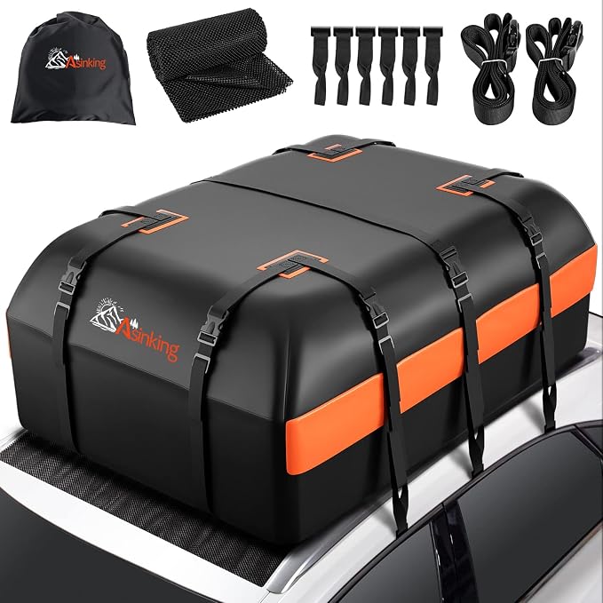 Car Rooftop Cargo Carrier Bag, 16 Cubic Feet Waterproof Car Topper Luggage Storage Bag with Large Capacity & Maximum Protection to Minivan SUV Vehicles w/wo Roof Rack, Non-Slip Mat, Door Hooks, Lock by Asinking