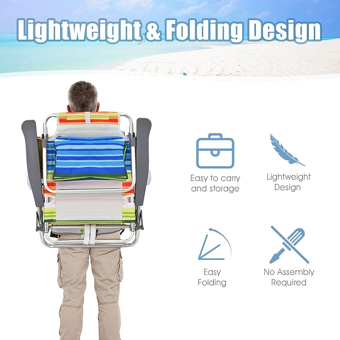 Giantex Folding Beach Chair, Patio Sling Chairs with 5 Adjustable Position, Head Pillow, Storage Bag, Towel Bar, Cup Holders, Backpack Chairs for Sunbathing, Camping Chair - Image 5