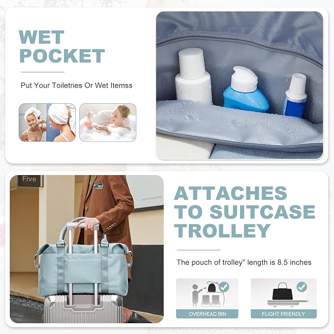 Travel Duffel with Toiletry Bag, Weekender Overnight Carry-on, Extra Large Light Blue - Image 5