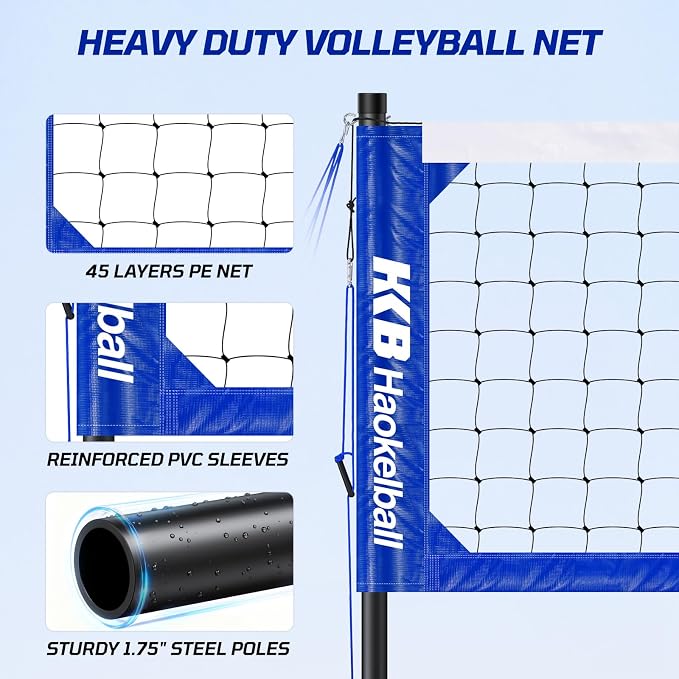Haokelball Outdoor Volleyball Net Set for Backyard, 32FT Regulation, 3-Level Adjustable Height & Anti-Sag Tension System, Heavy Duty Thick Poles, Includes Volleyball, Pump, Boundary Line and Carry Bag - Image 5