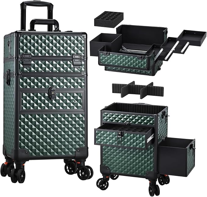 Joligrace Rolling Makeup Case with Drawers - Tattoo Storage Organizer Travel Cart for Nail Tech, Cosmetology, Barber Tools - Portable Suitcase on Wheels Dark Green by Joligrace