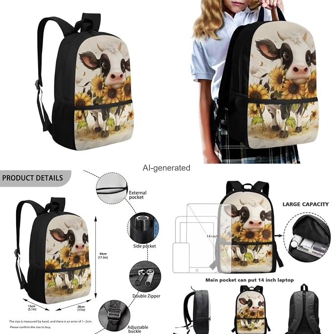 Kawaii Cow Backpack with Lunch Bag for Girls Teens Sunflowers Print Backpack for School with Lunchbox Cute Pencil Case and Water Bottle Cover for Students - Image 3