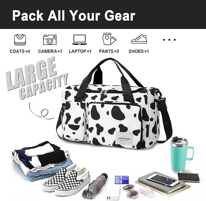 WOOMADA Foldable Travel Duffel Bag with Shoes Compartment, Overnight Bag with Wet Pocket & Trolley Sleeve, Weekender Bags for Women (cow) - Image 3